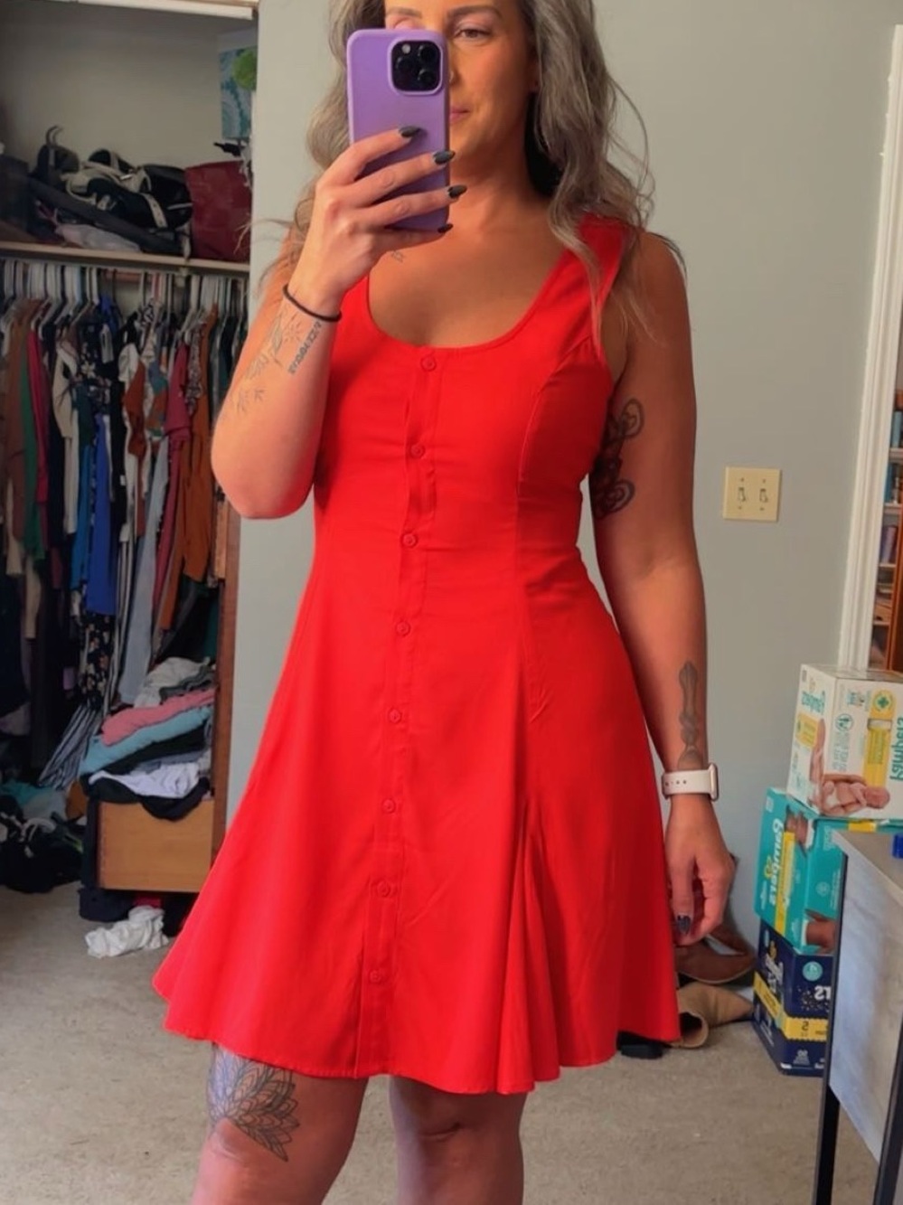 Red Sleeveless Button-Front Fit & Flare Dress